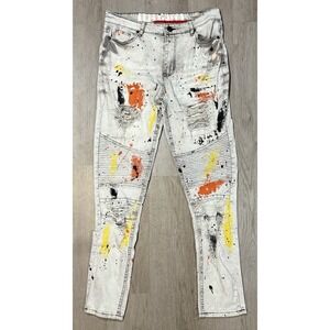 Encrypted Paint Splatter Slim Tapered Jeans Men's 34x30 Y2K Streetwear Hip Hop